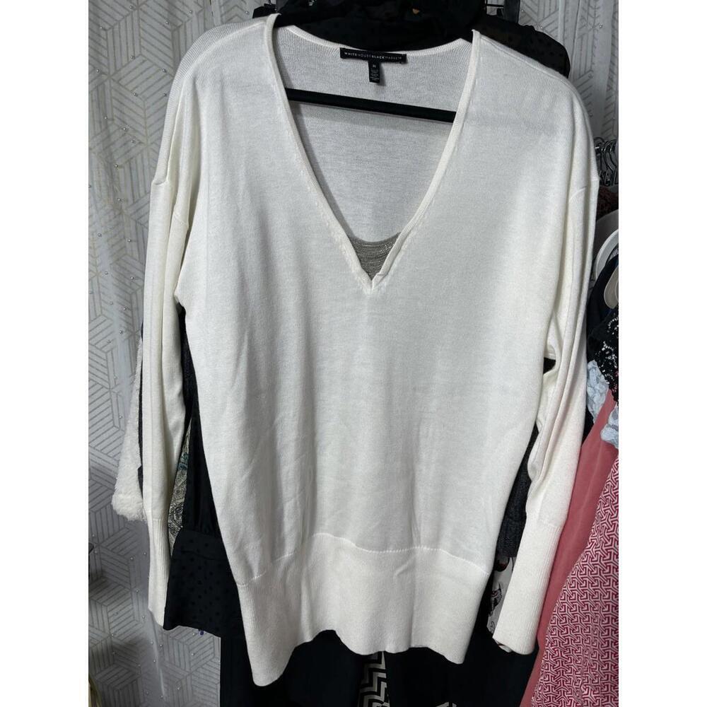 White House Black Market Sweater Women's MED Ivory Ribbed Hem V Neck Pullover